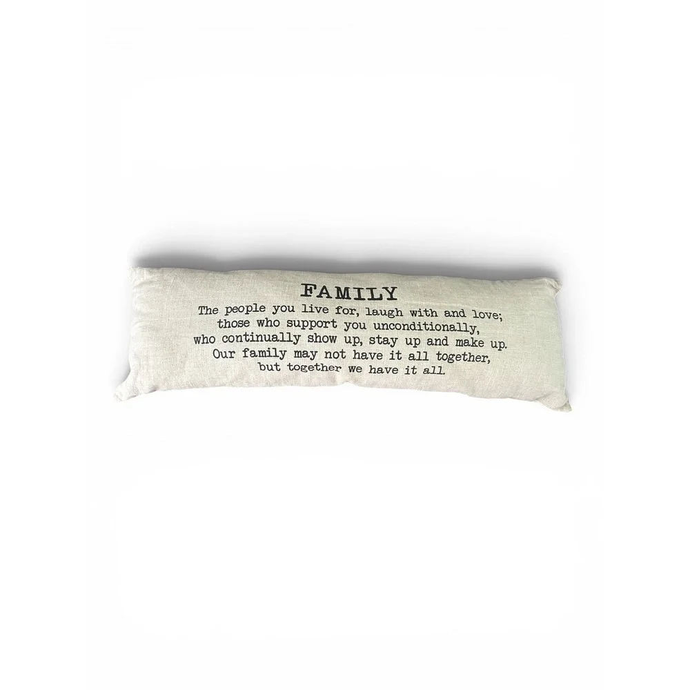 Family Quote Lumbar Pillow Tan Linen Blend Farmhouse Decorative Bolster Cushion